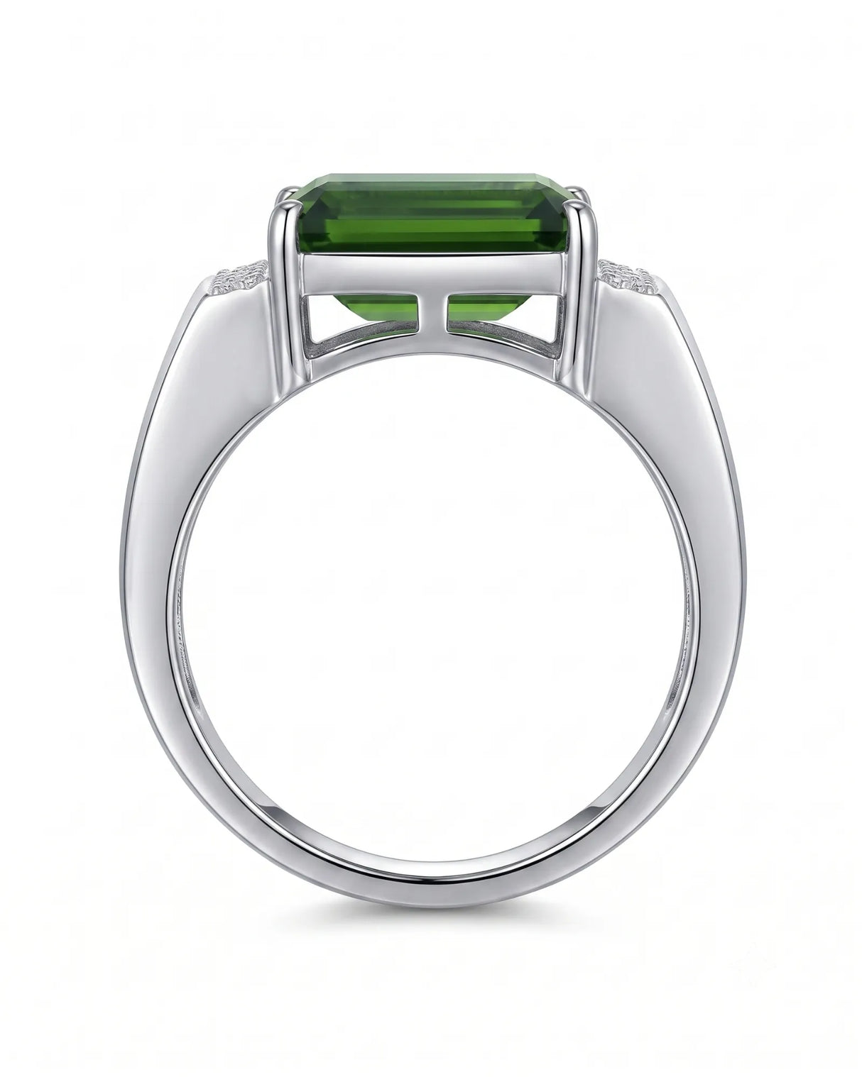 Emerald-cut green tourmaline ring with sparkling diamond accents in a platinum design | SARATTI