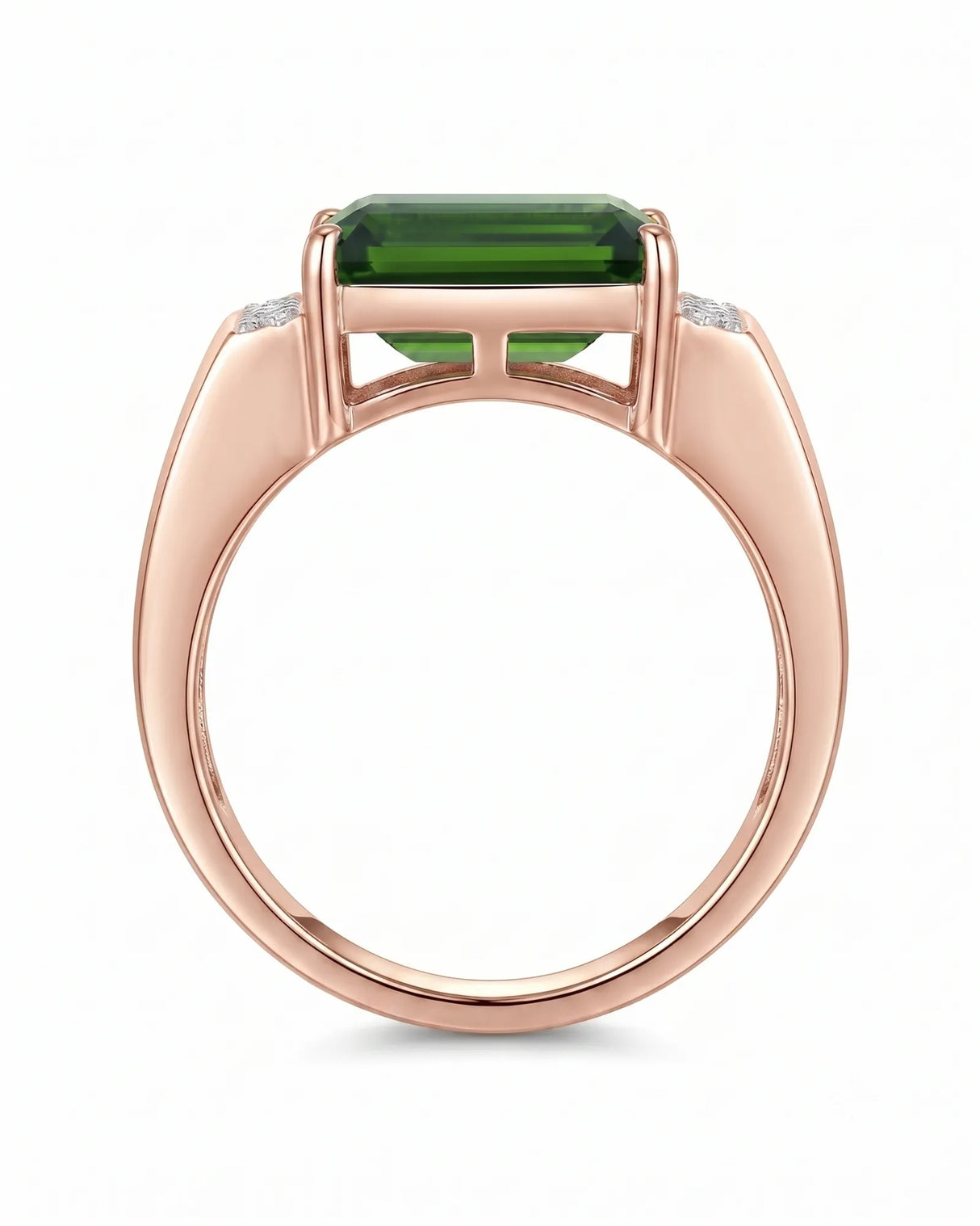 Emerald-cut green tourmaline ring with sparkling diamond accents in polished rose gold | SARATTI