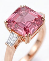 Emerald-cut pink tourmaline ring with baguette-cut diamonds in 18K rose gold | SARATTI