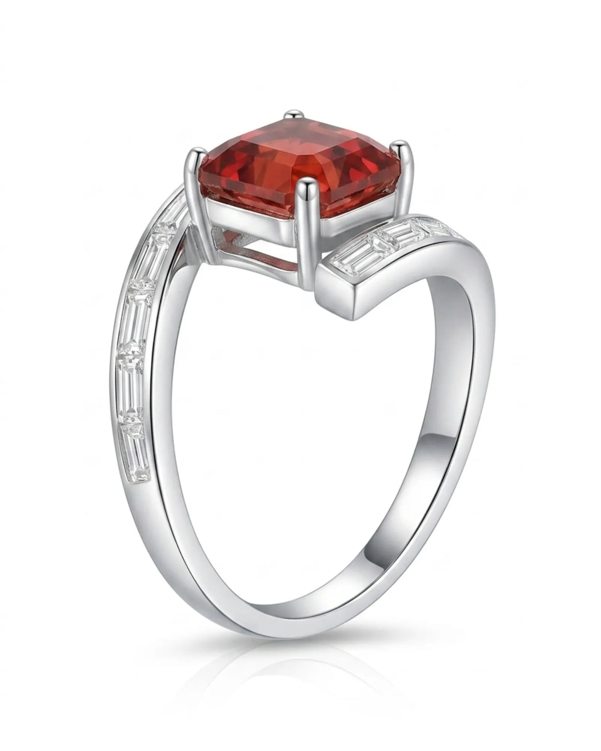 Emerald-cut reddish pink tourmaline ring with baguette diamond accents in 18K white gold | SARATTI