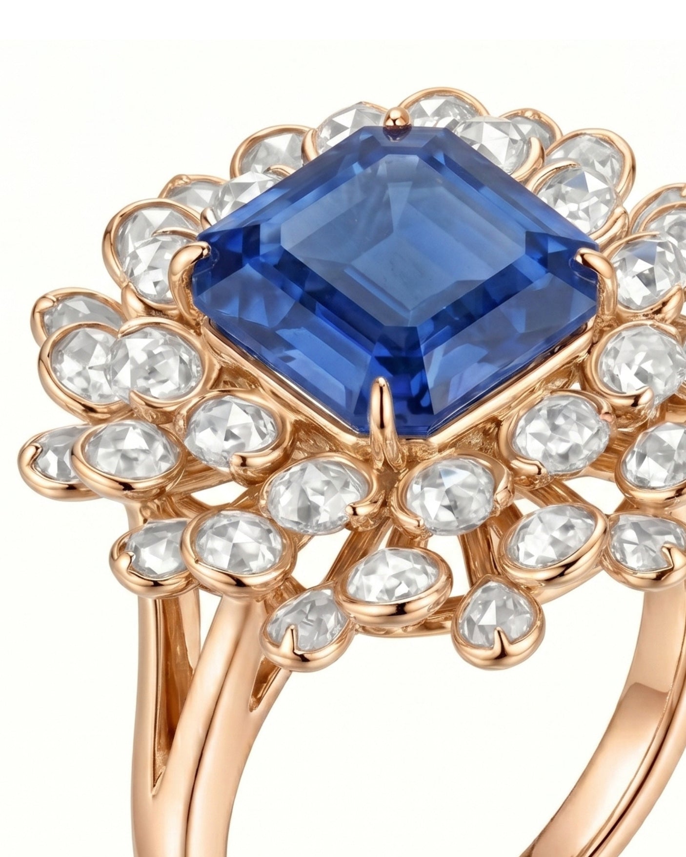 Emerald-cut royal blue sapphire ring framed by brilliant diamonds in 18K rose gold | SARATTI