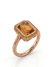 Emerald cut Imperial Topaz double halo setting in 18K rose gold - SARATTI