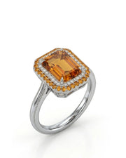 Emerald cut Imperial Topaz double halo setting white gold | SARATTI