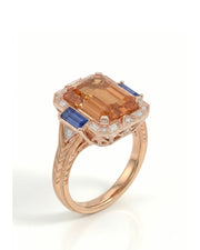 Emerald cut Natural Imperial Topaz Art Deco halo setting in 18K rose gold - SARATTI