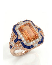 Emerald cut Natural Imperial Topaz Art Deco halo setting in 18K rose gold | SARATTI
