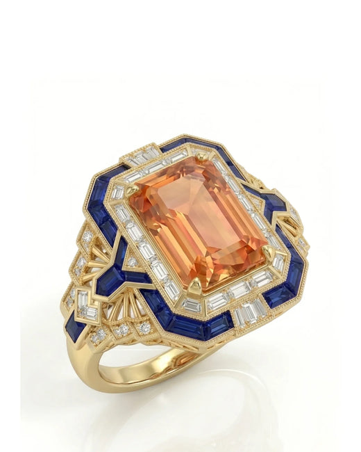 Emerald cut Natural Imperial Topaz Art Deco halo setting in 18K yellow gold | SARATTI