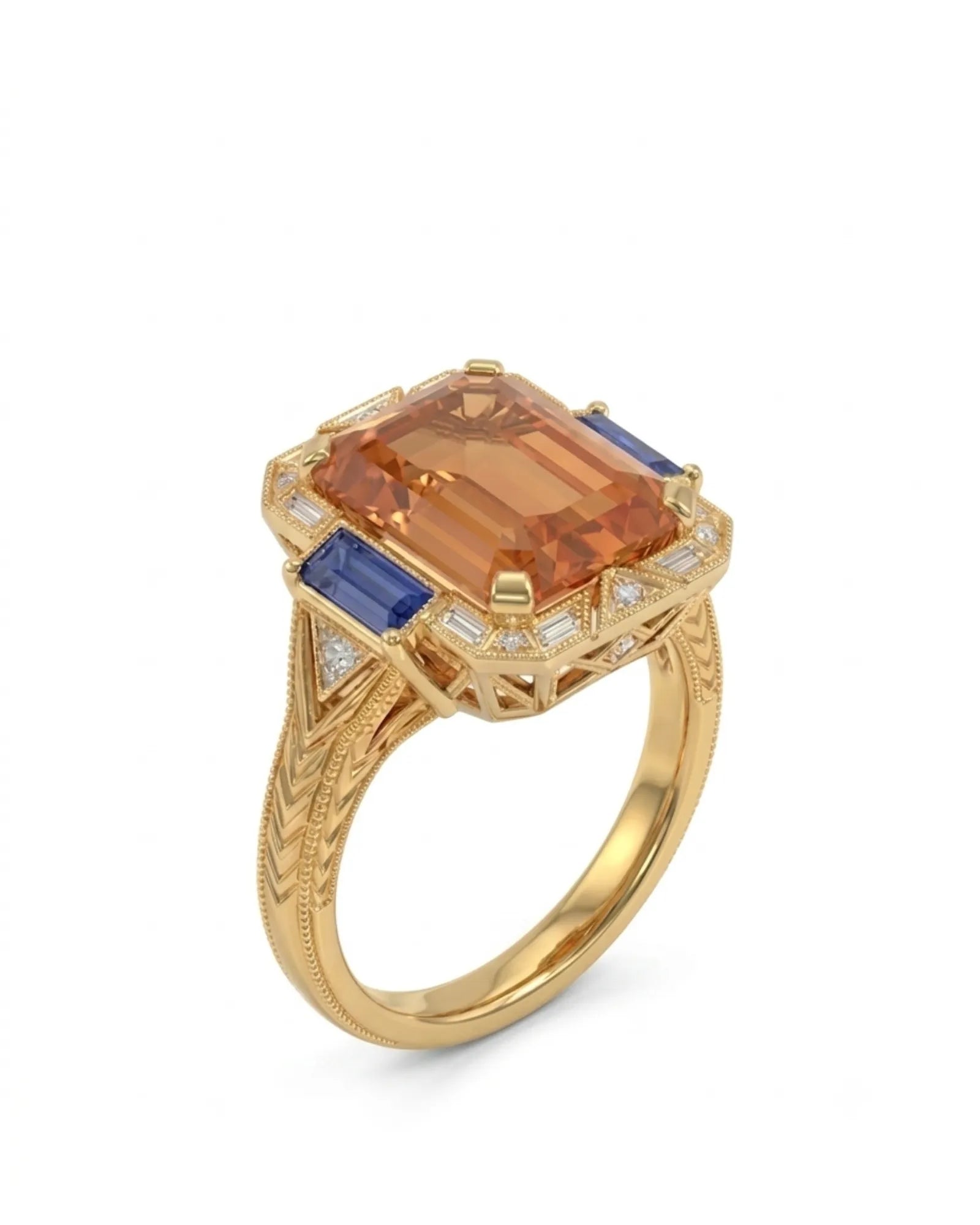 Emerald cut Natural Imperial Topaz Art Deco halo setting in 18K yellow gold | SARATTI