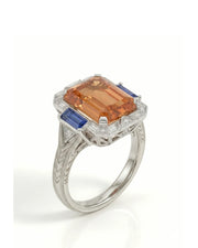 Emerald cut Natural Imperial Topaz Art Deco halo setting in platinum - SARATTI