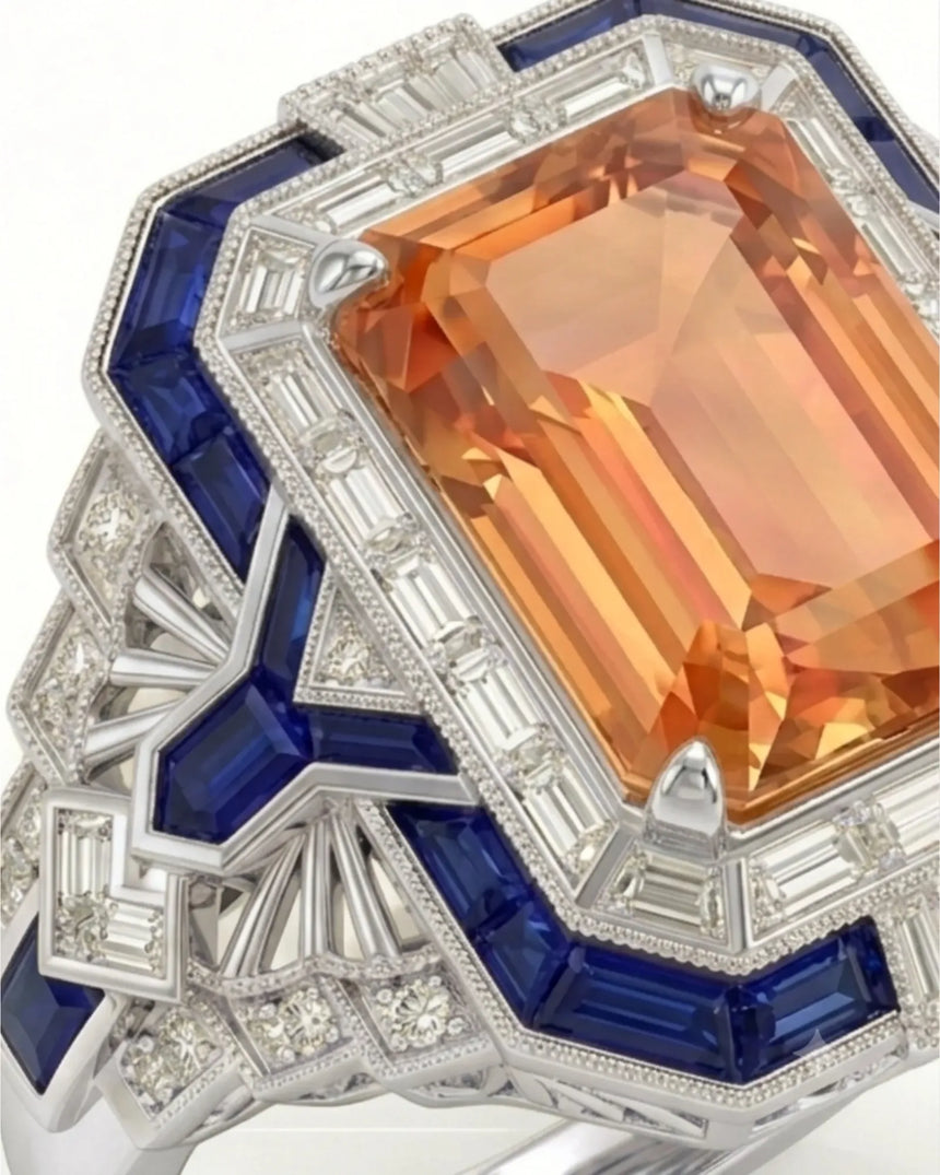 Emerald cut Natural Imperial Topaz Art Deco halo setting in platinum | SARATTI