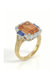 Emerald cut Natural Imperial Topaz Art Deco halo setting in two tone|-SARATTI