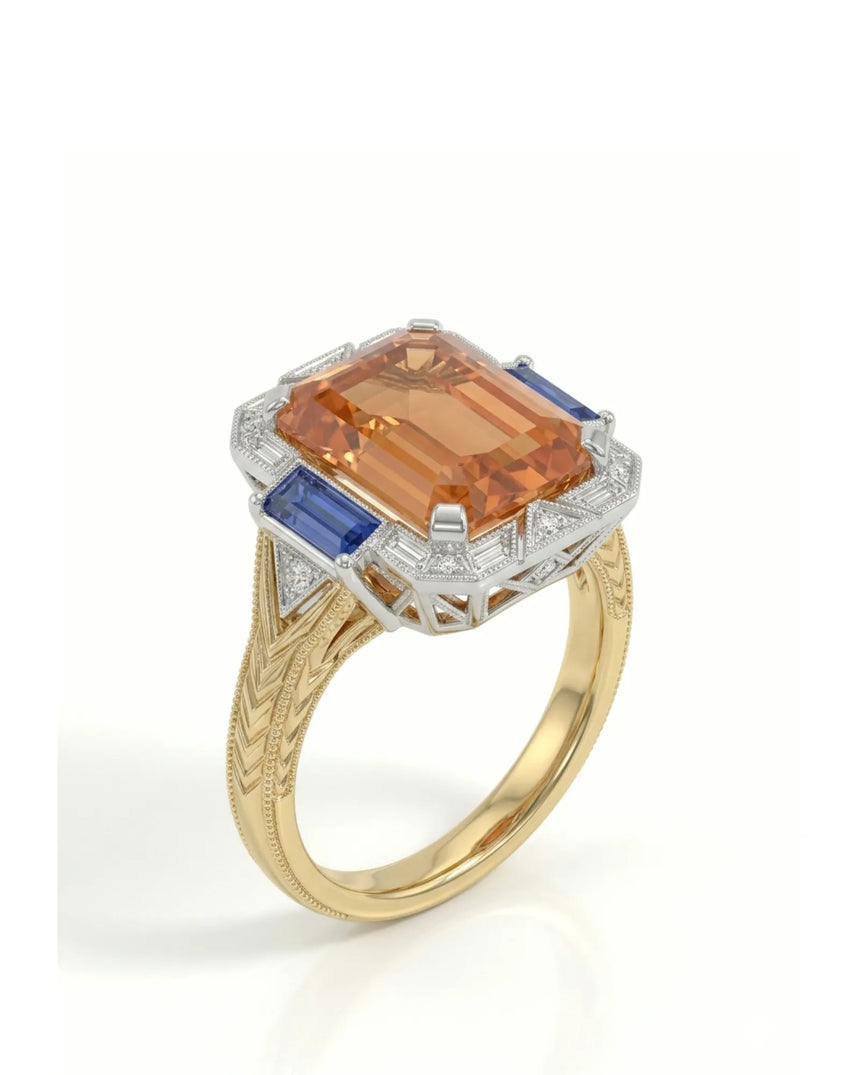 Emerald cut Natural Imperial Topaz Art Deco halo setting in two tone|-SARATTI