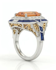 Emerald cut Natural Imperial Topaz Art Deco halo setting in two tone | SARATTI