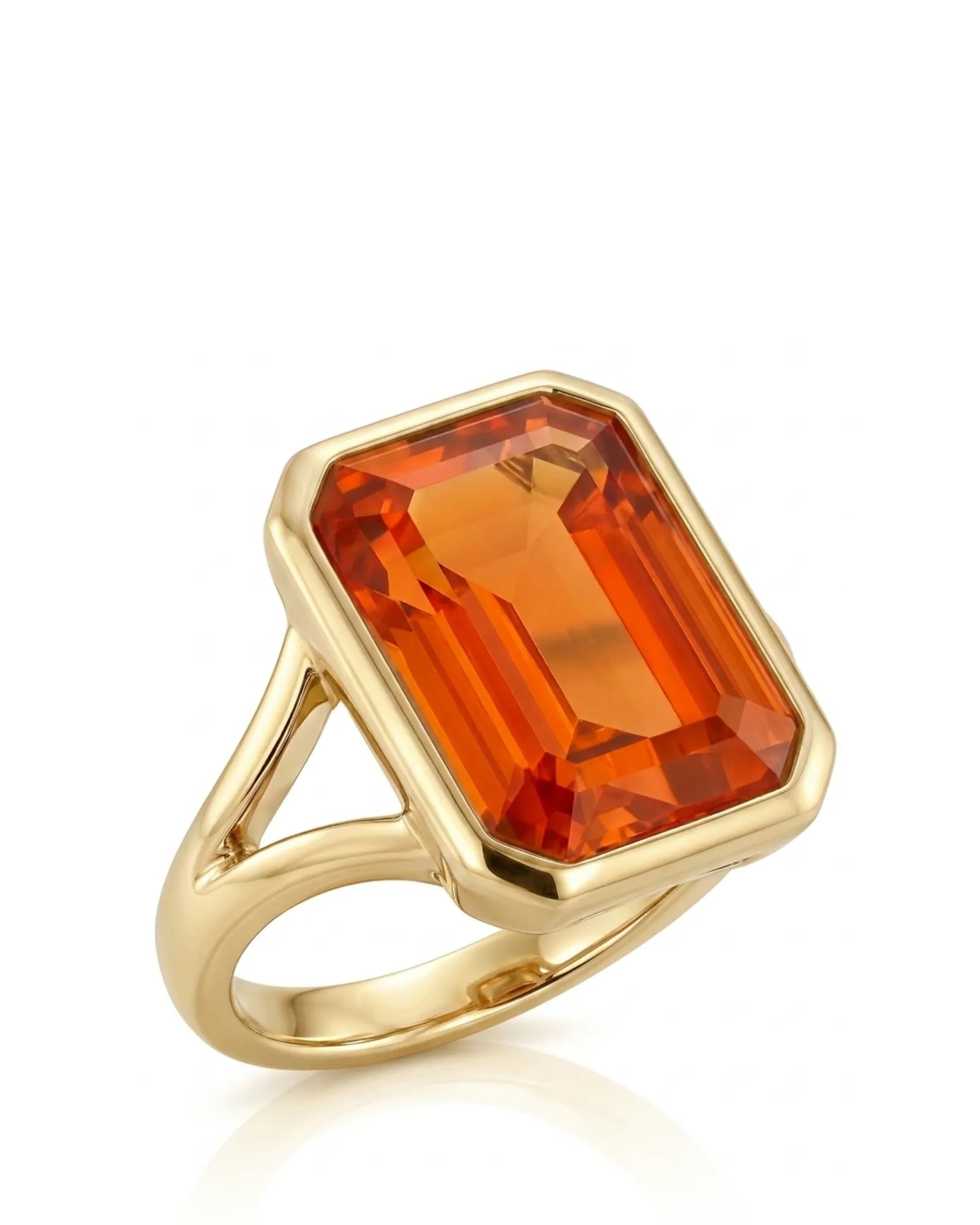Emerald cut Natural Imperial Topaz bezel setting in 18K yellow gold | SARATTI