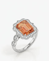 Emerald cut Natural Imperial Topaz diamond halo setting in 18K white gold | SARATTI