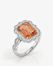Emerald cut Natural Imperial Topaz diamond halo setting in 18K white gold | SARATTI