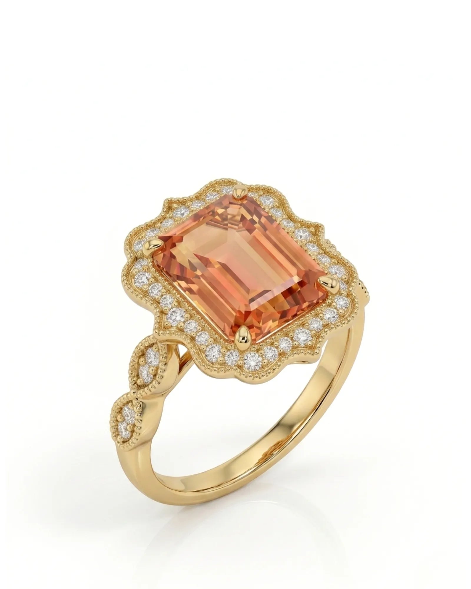 SERAPHINE LACE – Natural Imperial Topaz Diamond Halo Setting - Emerald Cut