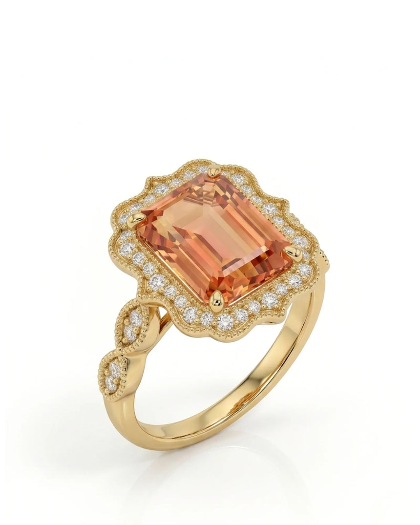 Emerald cut Natural Imperial Topaz diamond halo setting in 18K yellow gold | SARATTI