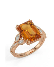 Emerald cut Natural Imperial Topaz diamond leaf setting in 18K rose gold | SARATTI
