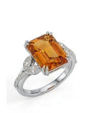 Emerald cut Natural Imperial Topaz diamond leaf setting in 18K white gold | SARATTI