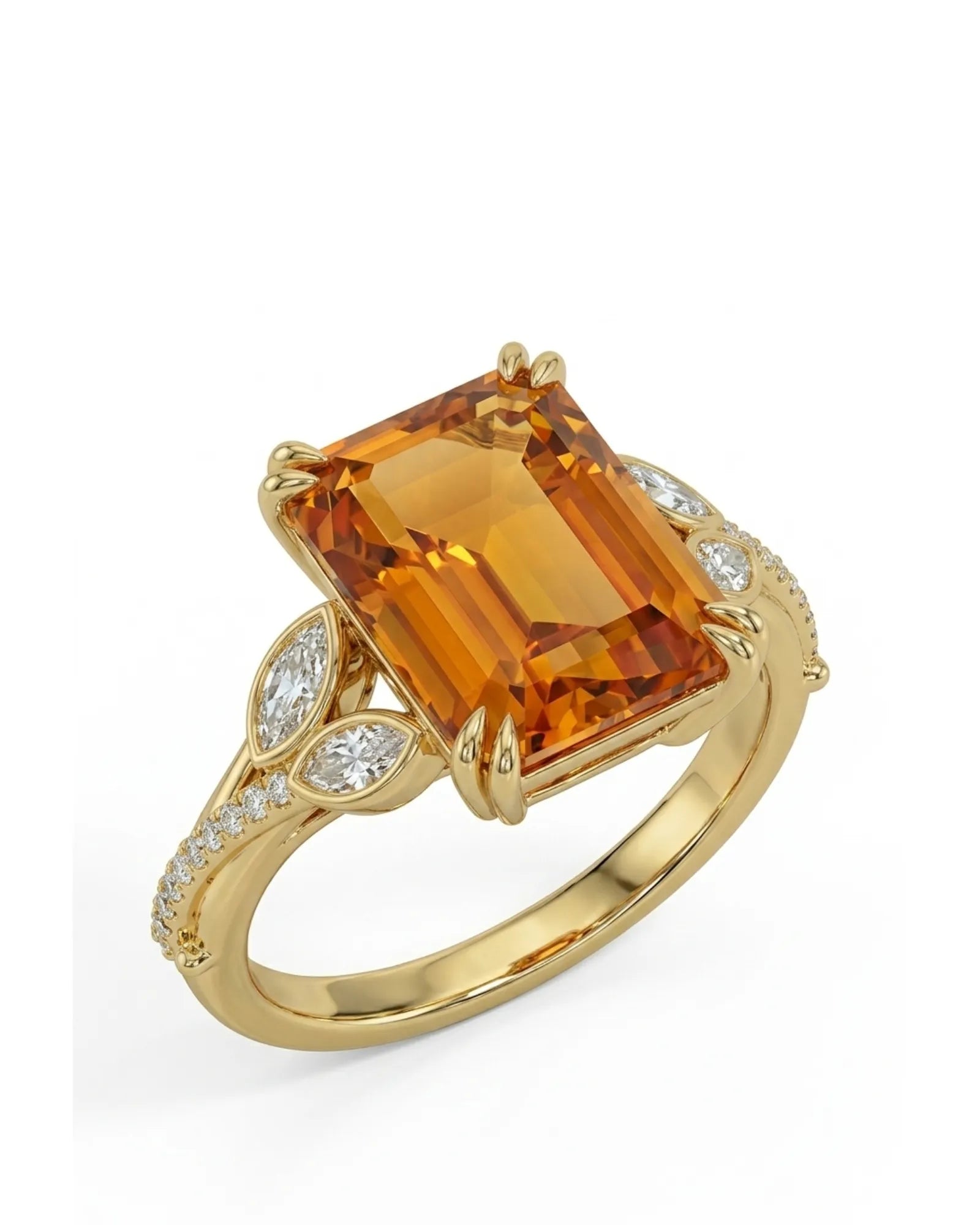 Emerald cut Natural Imperial Topaz diamond leaf setting in 18K yellow gold | SARATTI