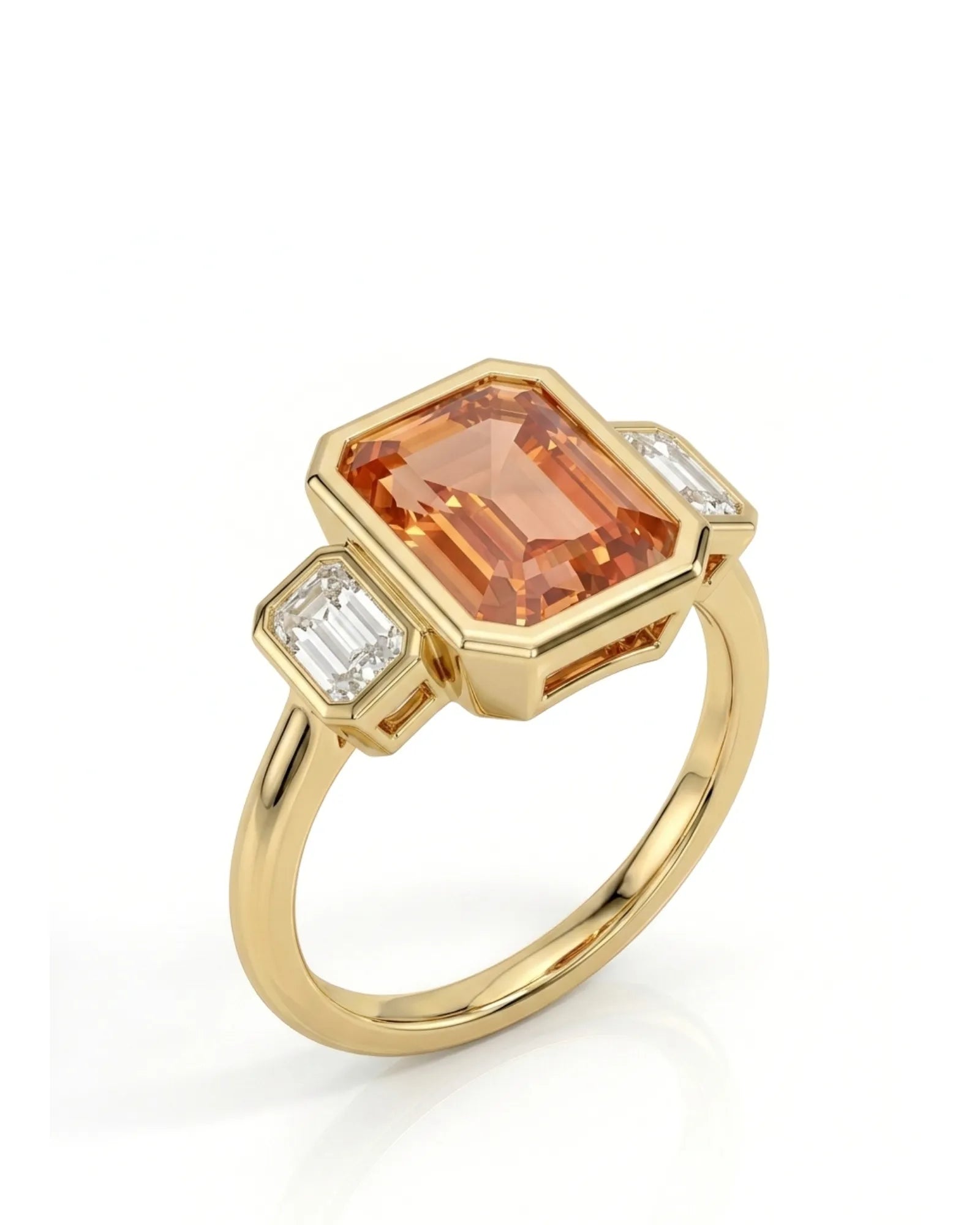 Emerald cut Natural Imperial Topaz three-stone bezel setting in 18K yellow gold | SARATTI