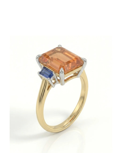 Emerald cut Natural Imperial Topaz three-stone setting in 18K yellow gold | SARATTI