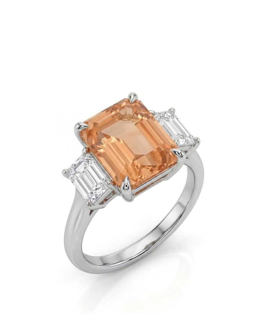 Emerald cut Natural Imperial Topaz three-stone setting in platinum -SARATTI