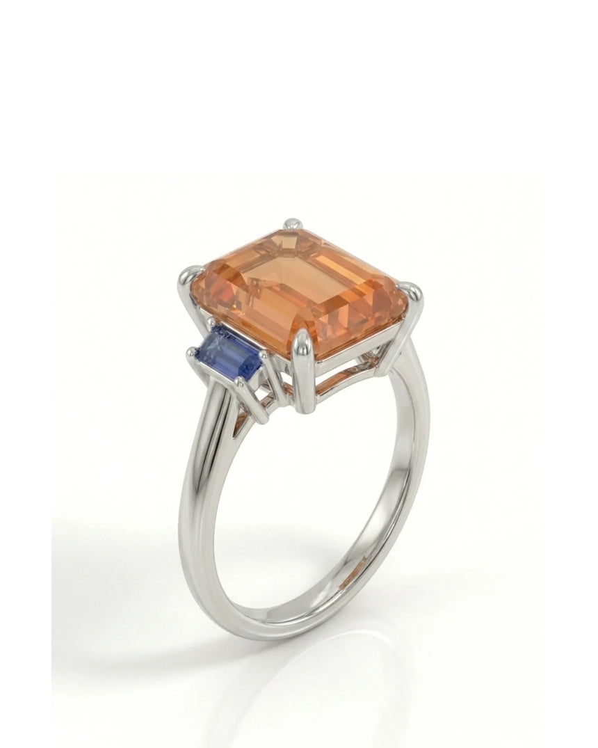 Emerald cut Natural Imperial Topaz three-stone setting in platinum | SARATTI