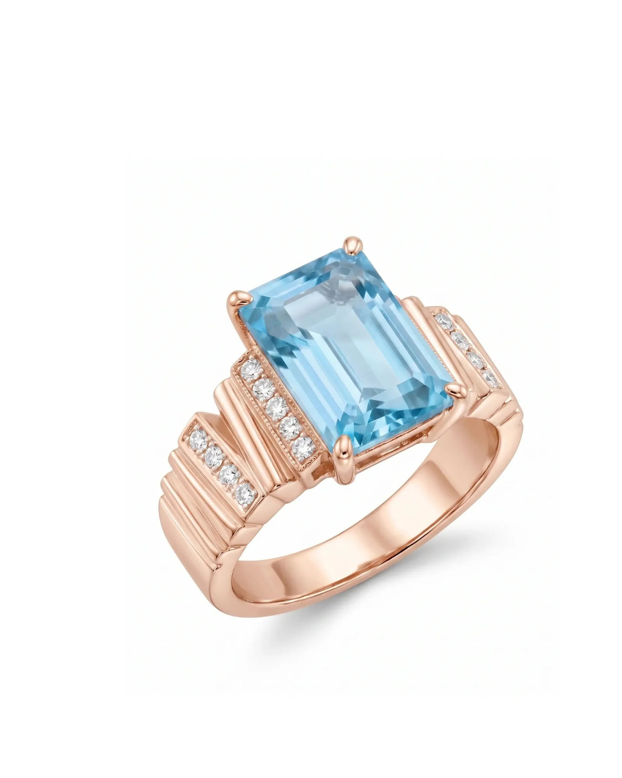 Clarté Frame emerald-cut Aquamarine pavé cocktail ring setting in rose gold, 45-degree view | SARATTI