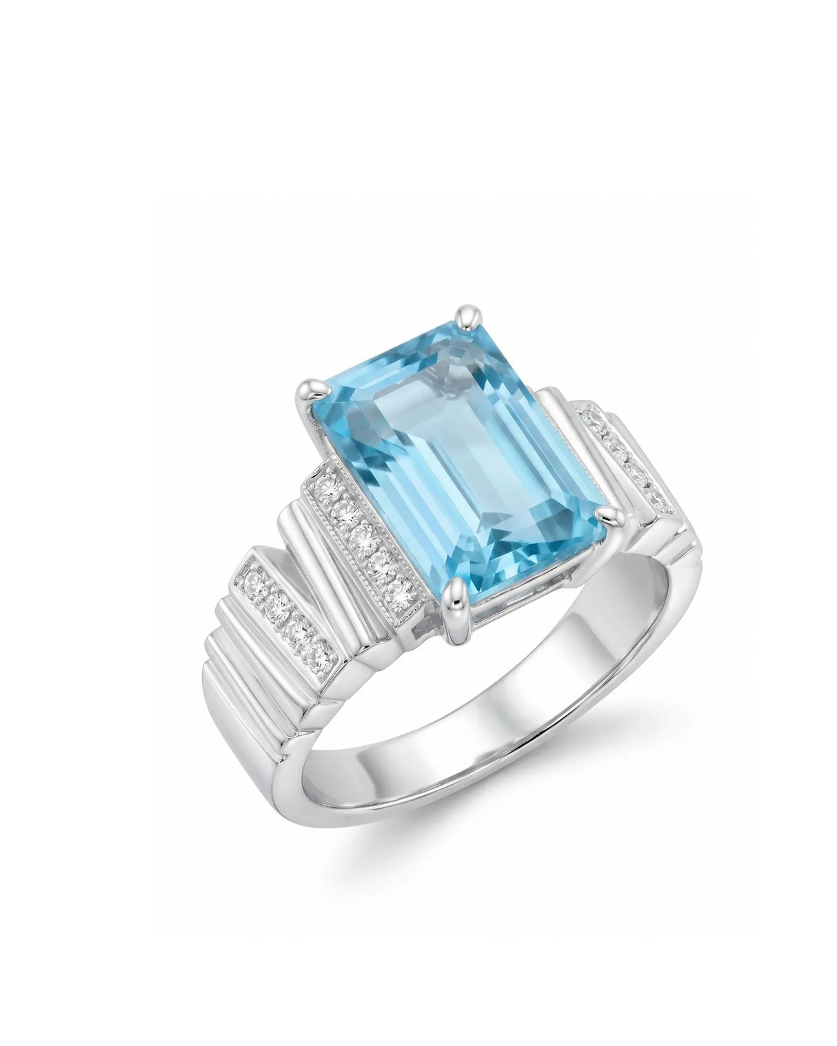 Clarté Frame emerald-cut Aquamarine pavé cocktail ring setting in white gold, 45-degree view | SARATTI