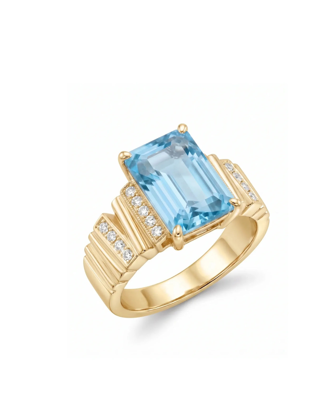Clarté Frame emerald-cut Aquamarine pavé cocktail ring setting in yellow gold, 45-degree view | SARATTI