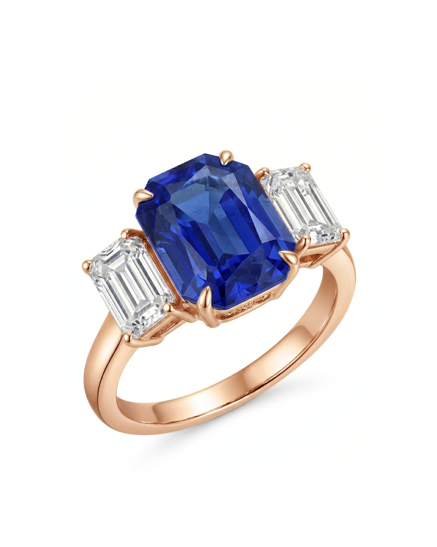Emerald cut blue sapphire ring with emerald cut diamond accents in 18K rose gold | SARATTI