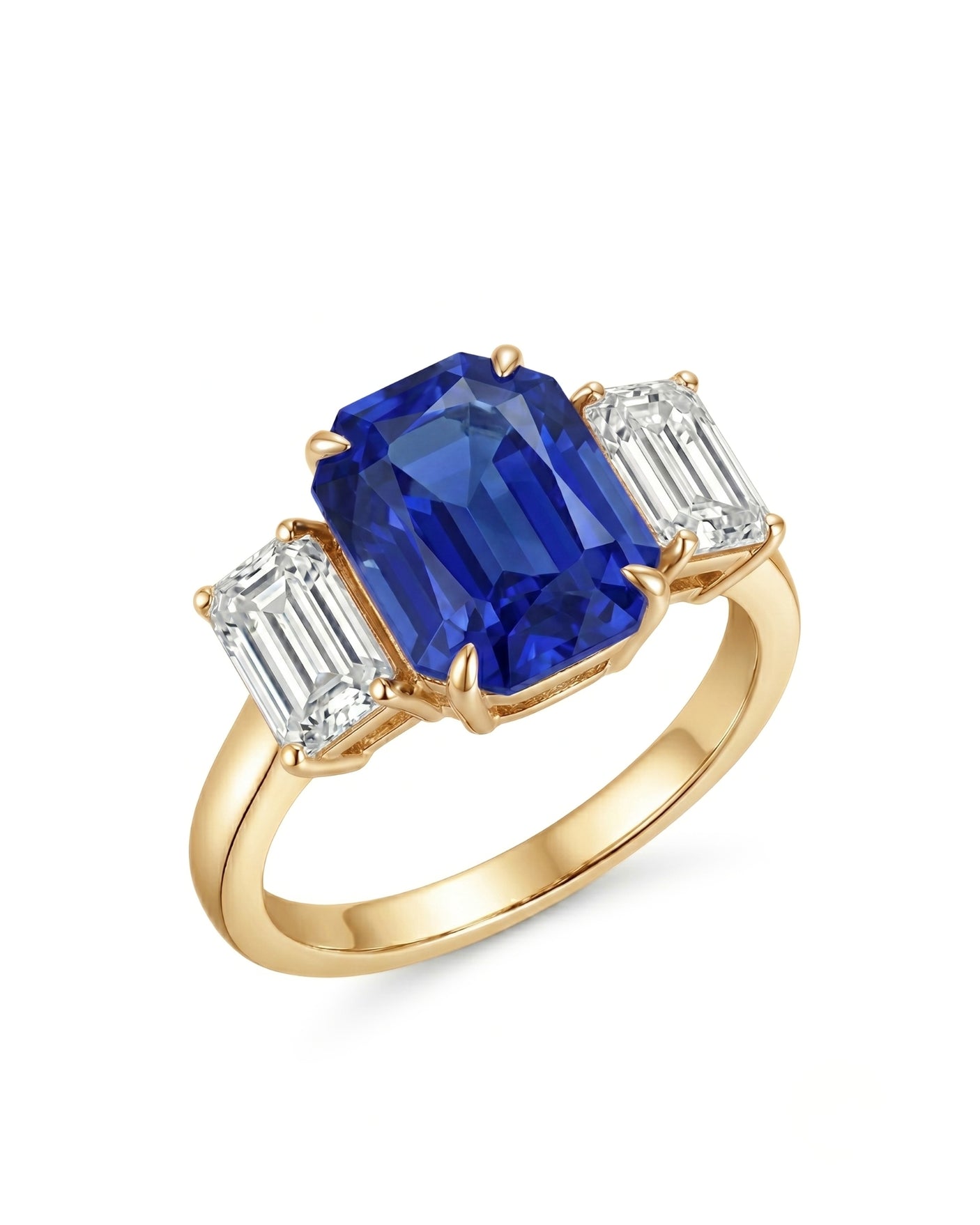 Emerald cut blue sapphire ring with emerald cut diamond accents in 18K yellow gold | SARATTI