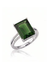 Emerald cut green tourmaline split shank ring with diamonds in 18K white gold | SARATTI