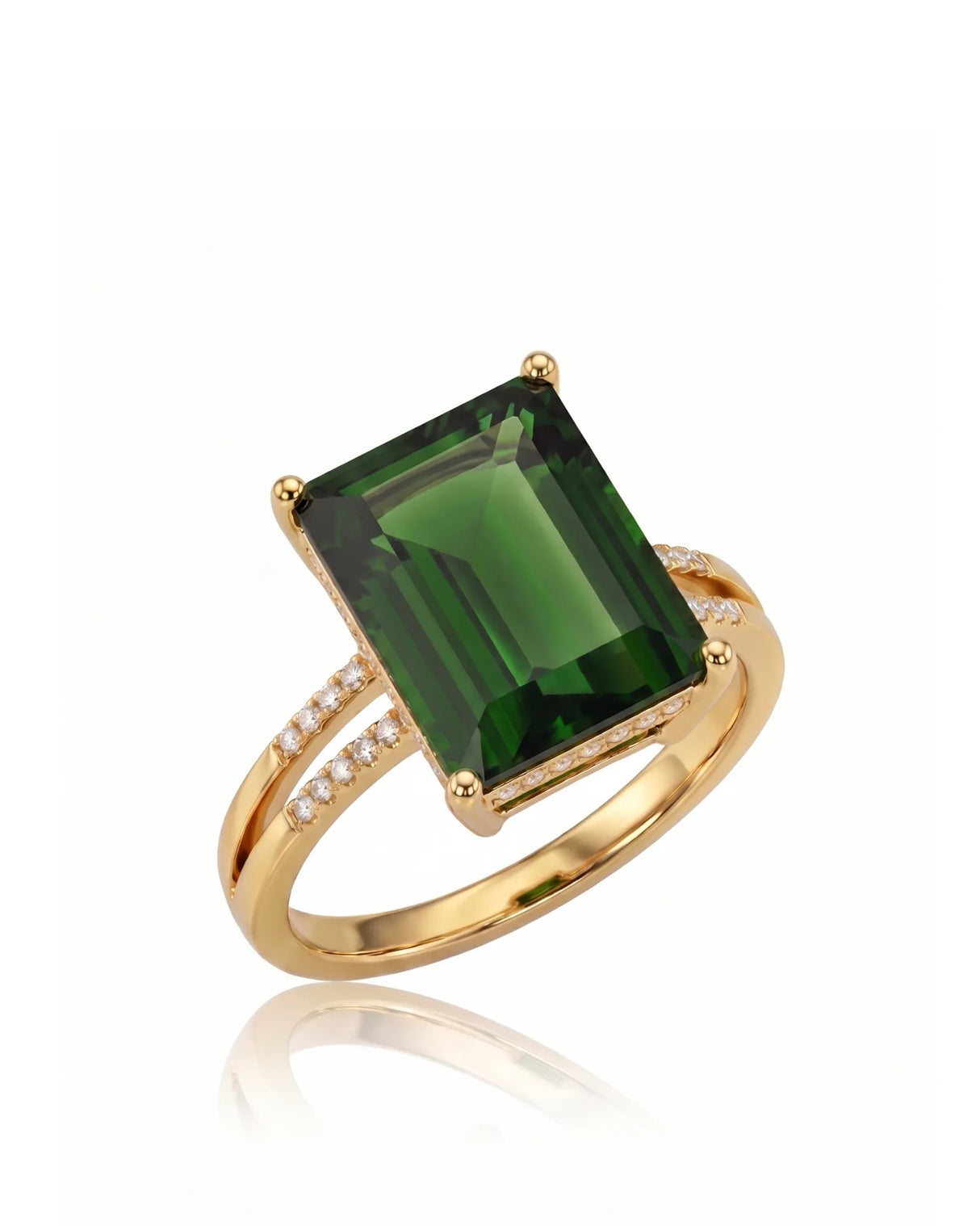 Emerald cut green tourmaline split shank ring with diamonds in 18K yellow gold | SARATTI