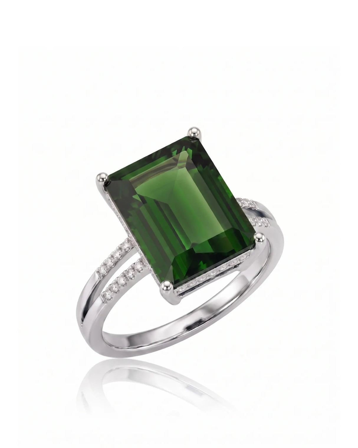 Emerald cut green tourmaline split shank ring with diamonds in platinum | SARATTI