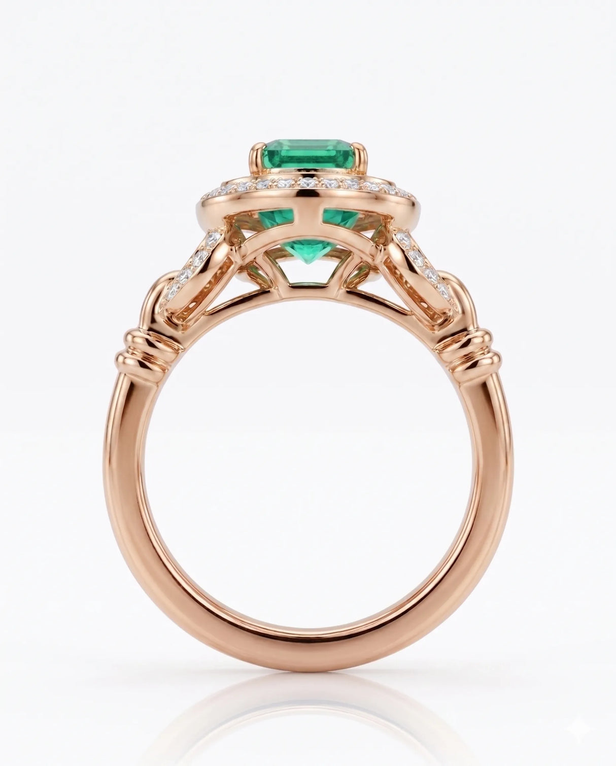 Emerald cut natural emerald ring with diamond halo in 18K Rose Gold | SARATTI