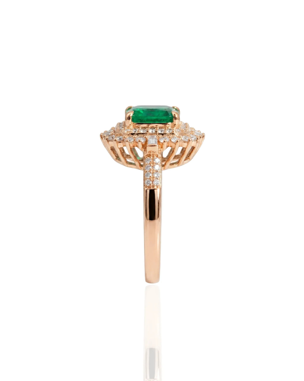 Emerald cut natural emerald ring with double diamond halo in rose gold | SARATTI