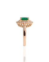 Emerald cut natural emerald ring with double diamond halo in rose gold | SARATTI