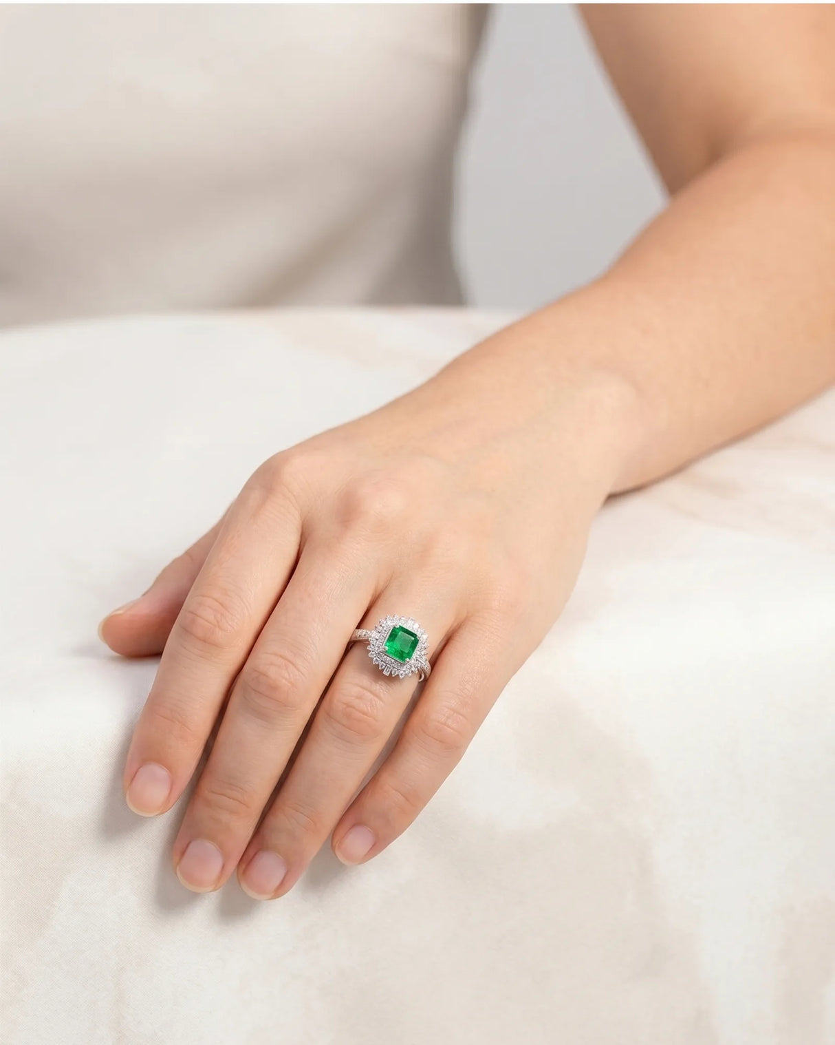 Emerald cut natural emerald ring with double diamond halo in white gold | SARATTI