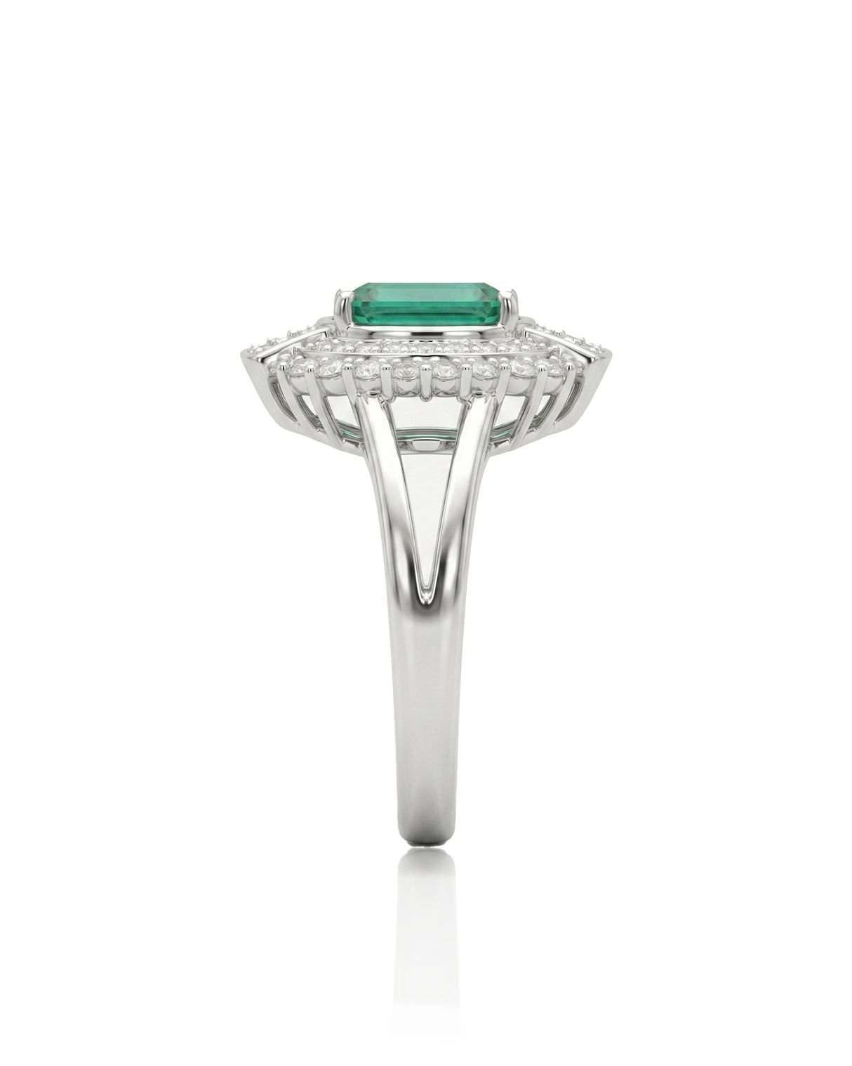 Emerald cut natural emerald statement ring in Platinum | SARATTI