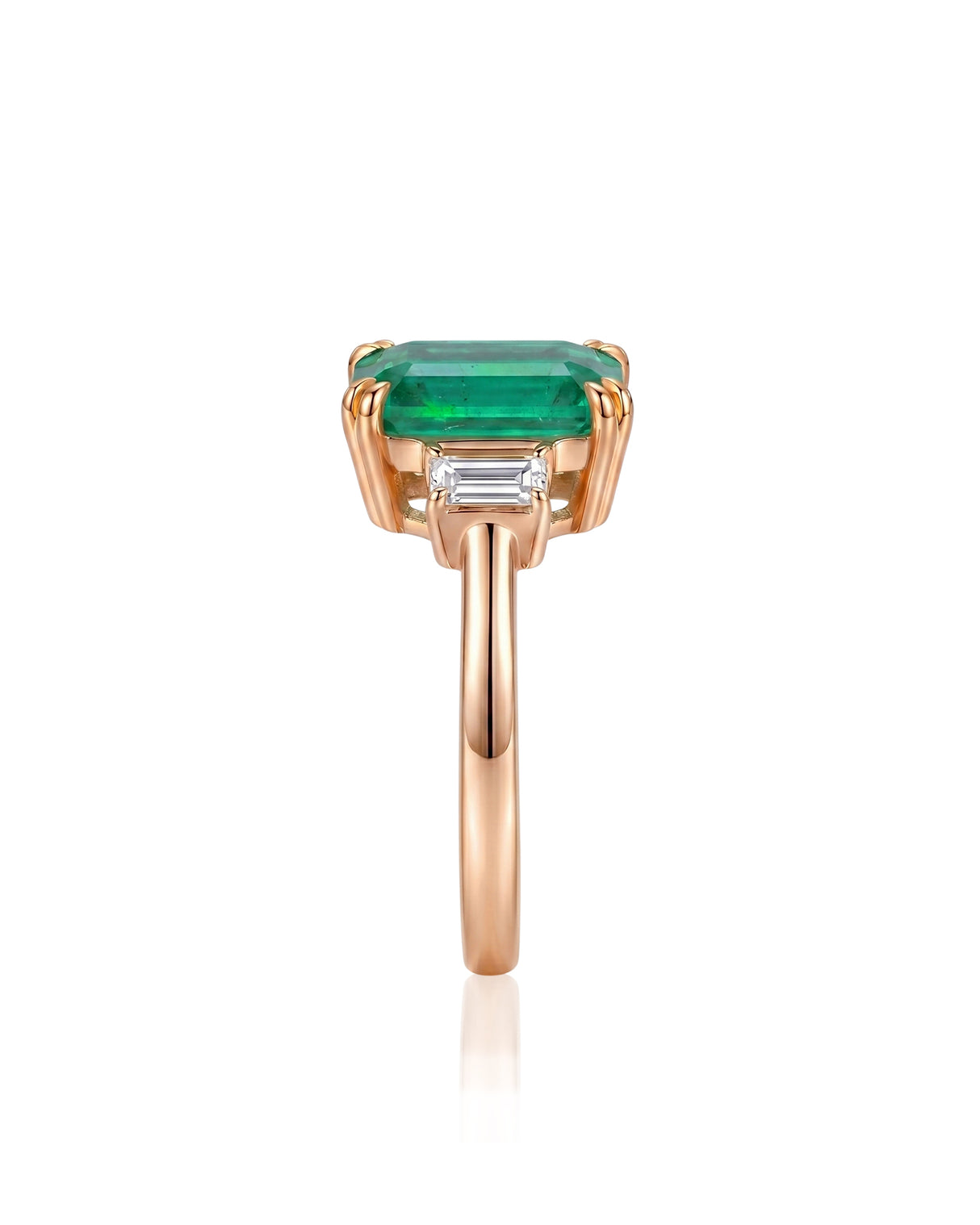 Emerald cut natural emerald three stone ring in 18K Rose Gold | SARATTI