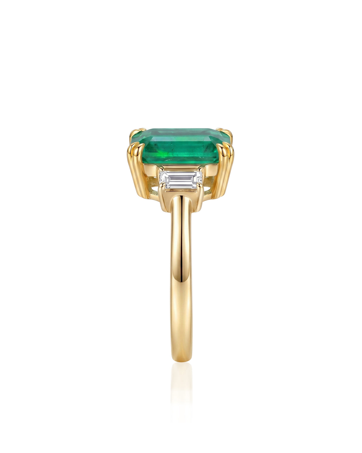 Emerald cut natural emerald three stone ring in 18K Yellow Gold | SARATTI