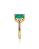 Emerald cut natural emerald three stone ring in 18K Yellow Gold | SARATTI