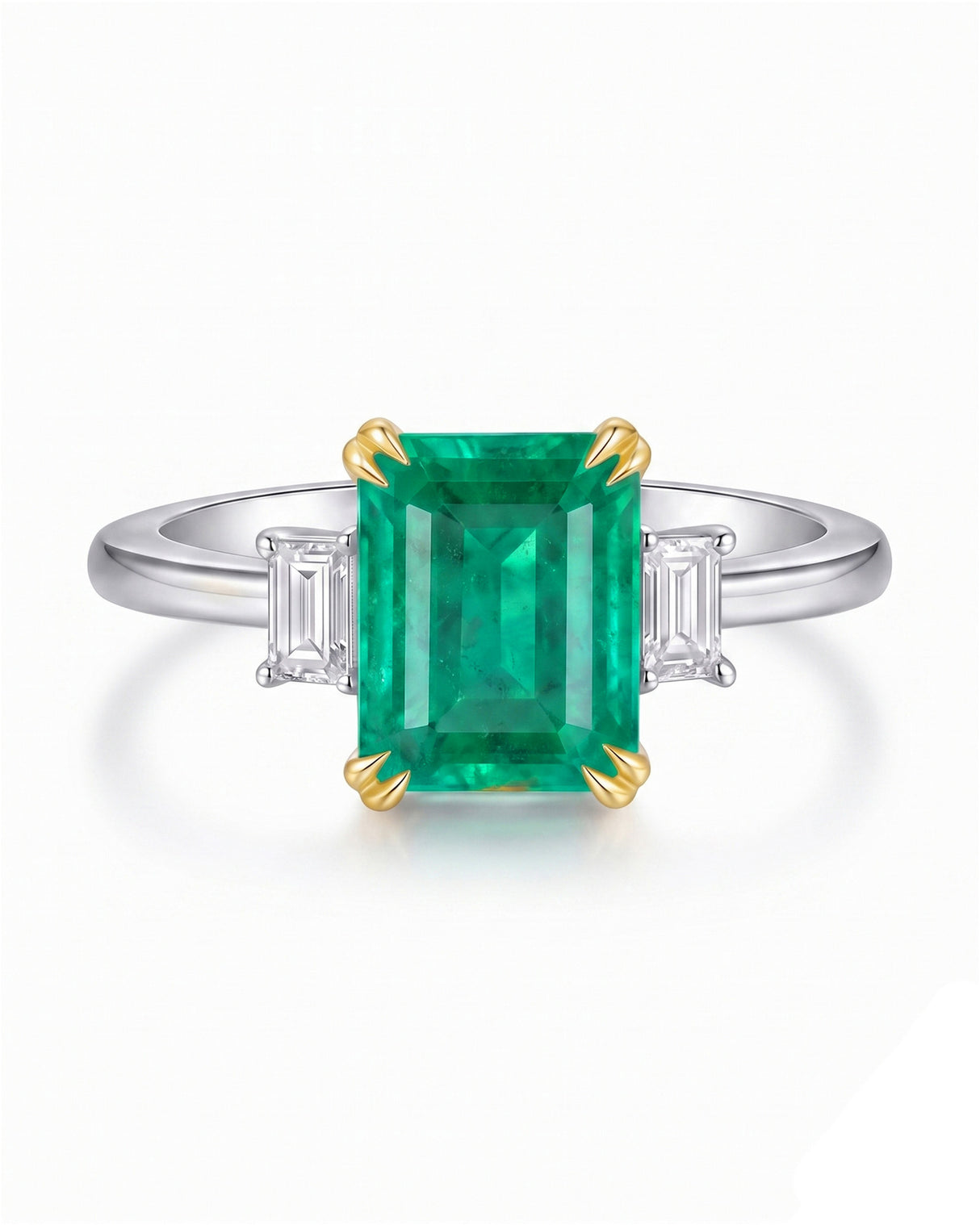 Emerald cut natural emerald three stone ring in Platinum | SARATTI