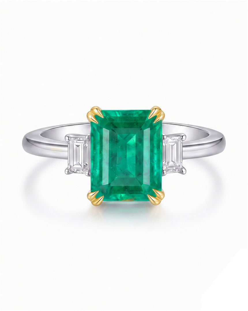 Emerald cut natural emerald three stone ring in Platinum | SARATTI