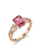 Emerald cut pink tourmaline engagement ring with diamond split shank in 18K rose gold | SARATTI