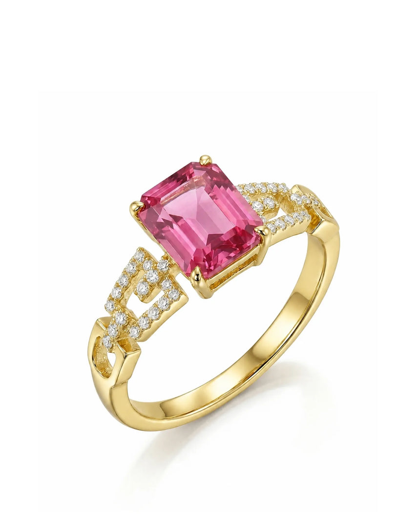 Emerald cut pink tourmaline engagement ring with diamond split shank in 18K yellow gold | SARATTI