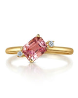 Emerald cut pink tourmaline ring with two diamond accents in 18K yellow gold | SARATTI