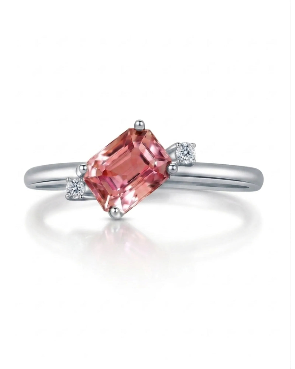 Emerald cut pink tourmaline ring with two diamond accents in premium platinum | SARATTI